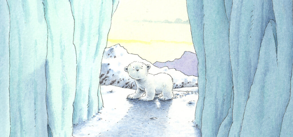 An illustration from the book Little Polar Bear Takes a Stand. A little polar bear is in the center of the illustration. Two walls of ice rise up on either side of him, and he looks through the ice. 