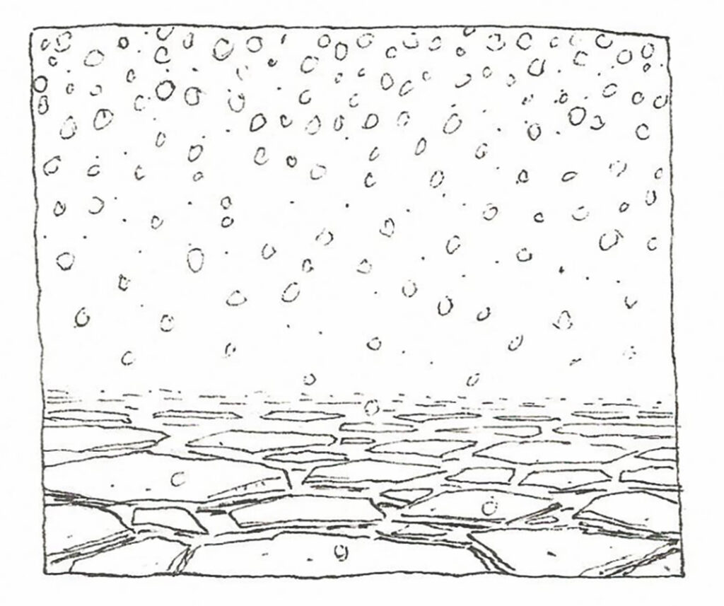A black and white sketch of snowflakes falling onto a field of ice. 